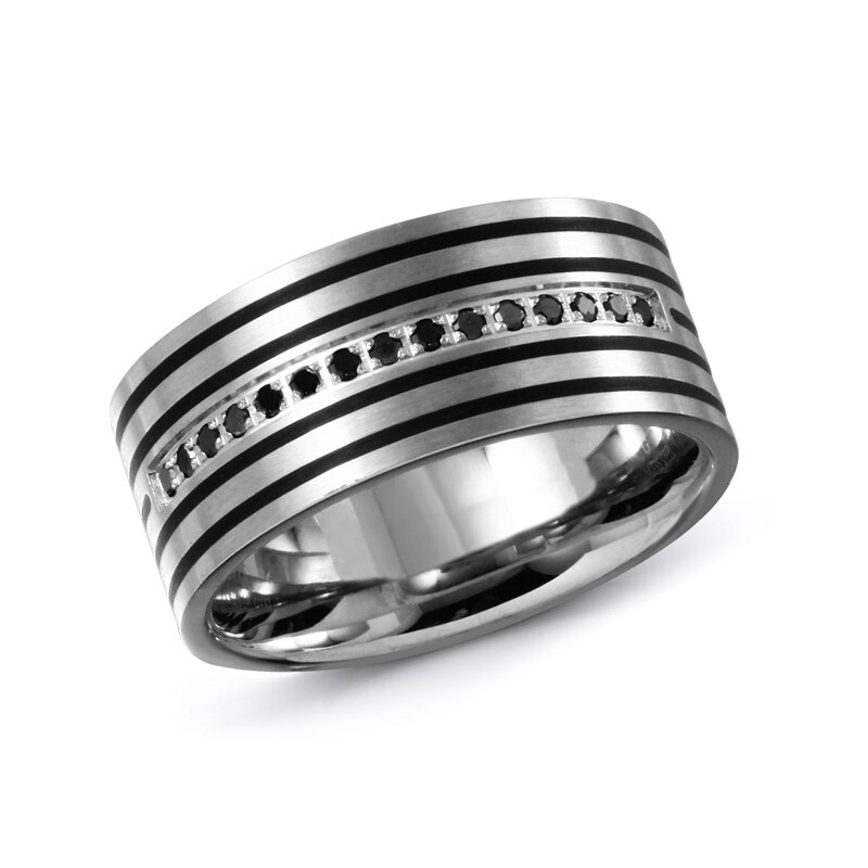 Main Image 1 of Previously Owned - 1/7 CT. T.W. Black Diamond Wedding Band in Stainless Steel