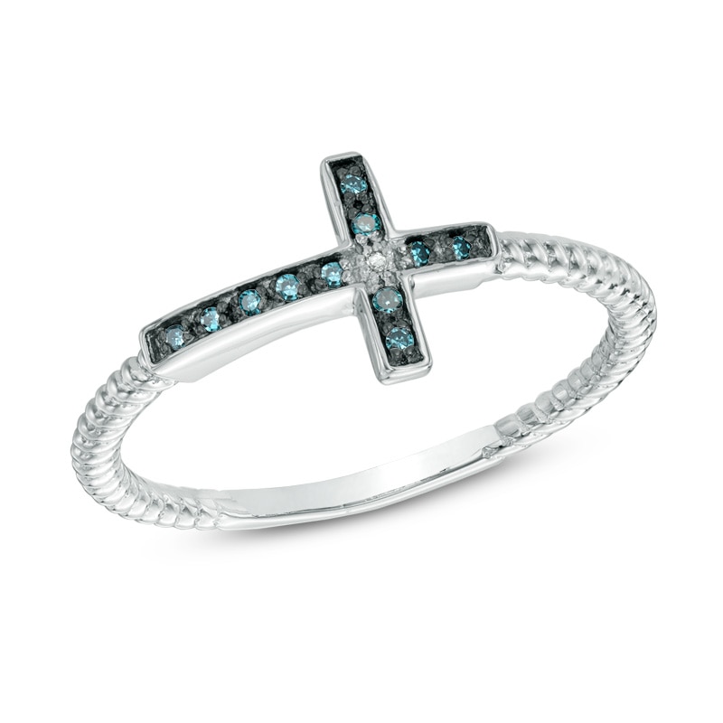Previously Owned - Blue and White Diamond Accent Sideways Cross Ring in Sterling Silver