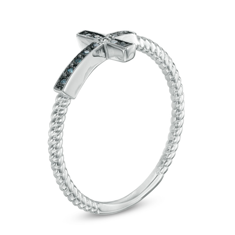 Main Image 2 of Previously Owned - Blue and White Diamond Accent Sideways Cross Ring in Sterling Silver
