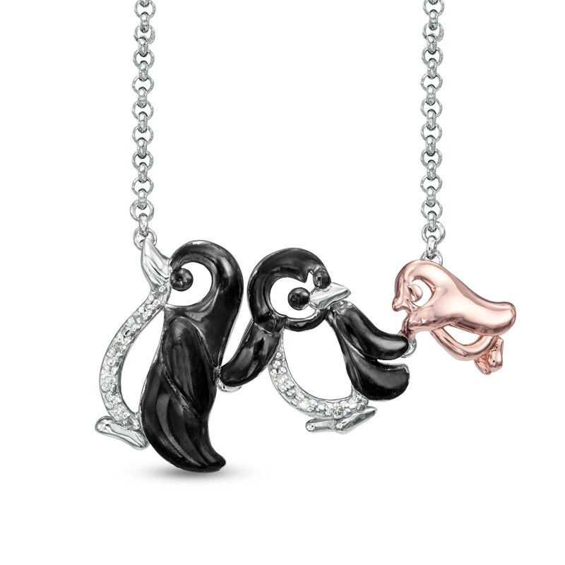 Main Image 1 of Previously Owned - Diamond Accent Penguin Family Necklace in Sterling Silver and 18K Rose Gold Plate - 16"