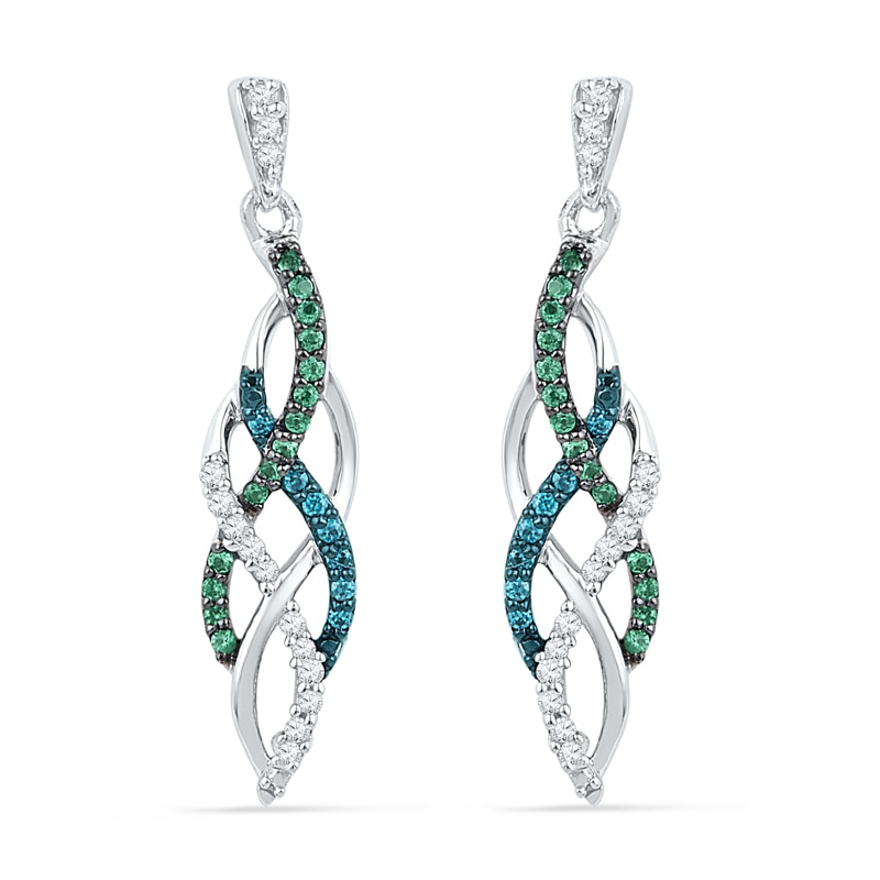 Previously Owned - 1/4 CT. T.W.  Blue, Green and White Diamond Braided Drop Earrings in 10K White Gold