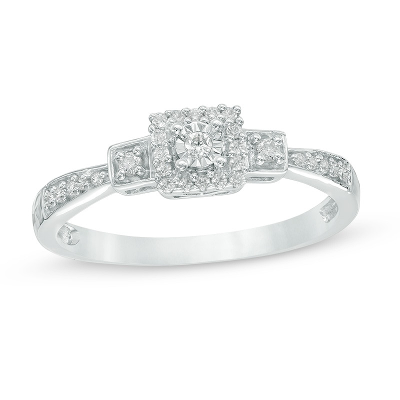 Main Image 1 of Previously Owned - 1/10 CT. T.W. Diamond Square Frame Three Stone Promise Ring in 10K White Gold