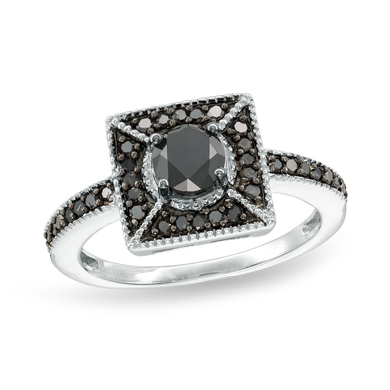 Main Image 1 of Previously Owned - 1 CT. T.W. Black Diamond Square Frame Ring in Sterling Silver