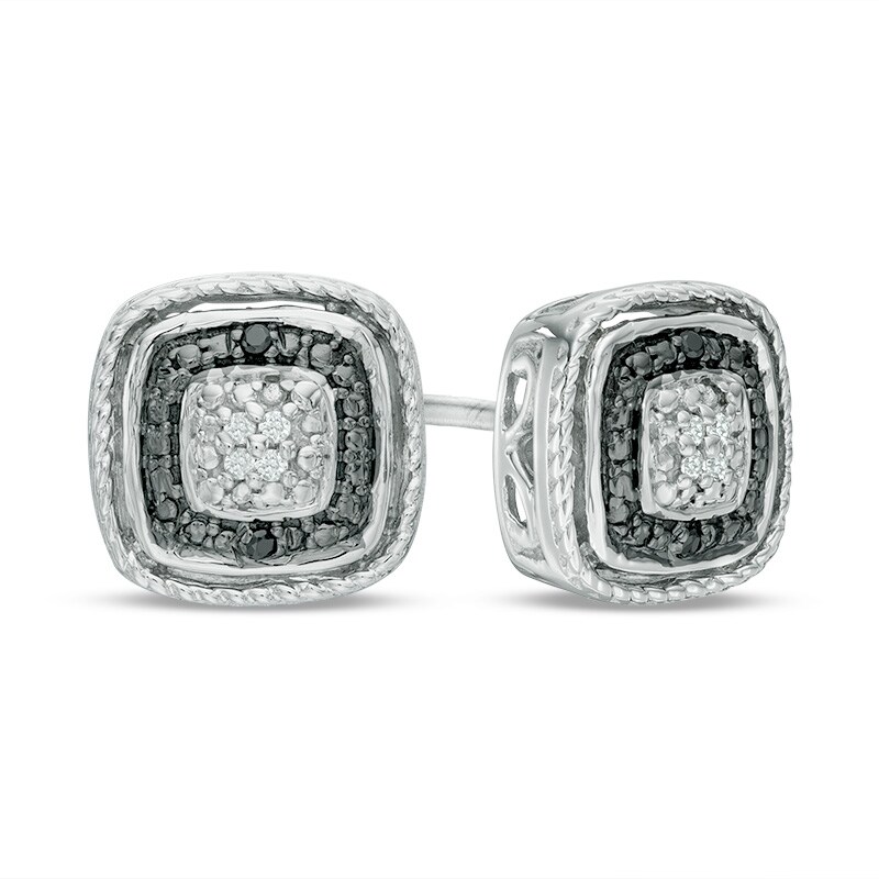 Main Image 1 of Previously Owned - Black and White Diamond Accent Cushion Frame Stud Earrings in Sterling Silver