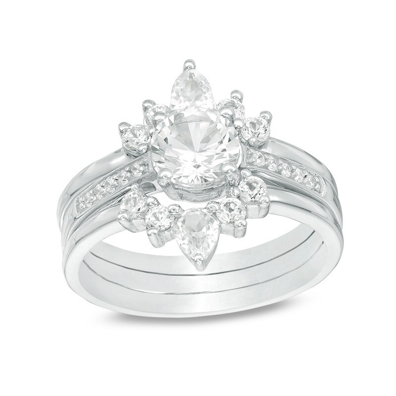 Previously Owned - White Lab-Created Sapphire and 1/20 CT. T.W. Diamond Three Piece Bridal Set in Sterling Silver