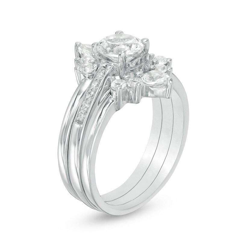 Previously Owned - White Lab-Created Sapphire and 1/20 CT. T.W. Diamond Three Piece Bridal Set in Sterling Silver