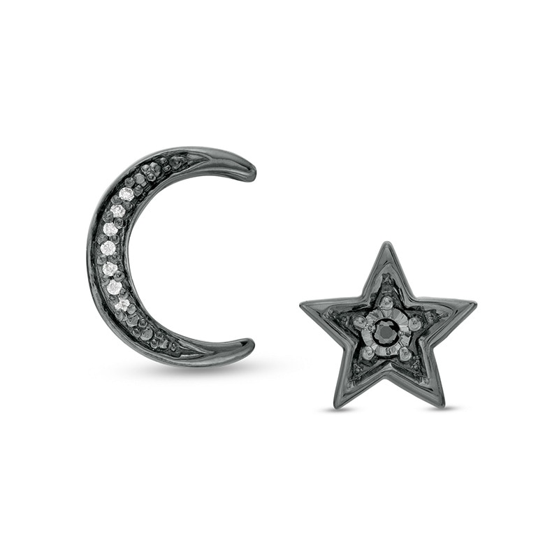 Main Image 1 of Previously Owned - Black and White Diamond Accent Moon/Star Mismatch Stud Earrings in Sterling Silver with Black Rhodium