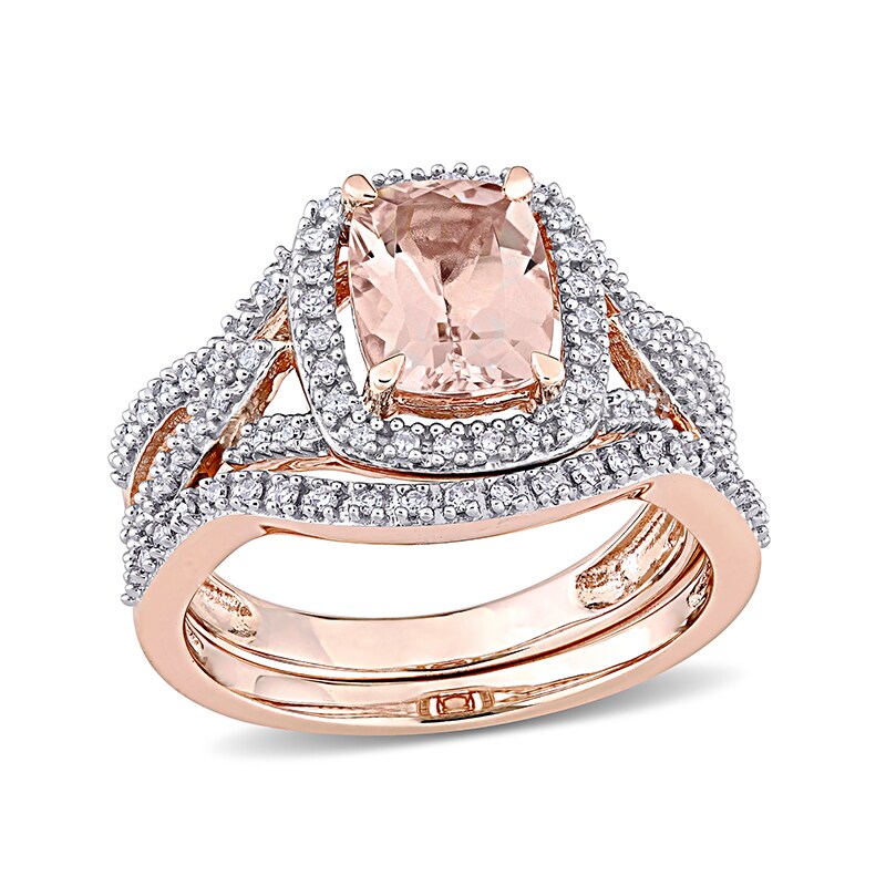 Previously Owned - Cushion-Cut Morganite and 1/4 CT. T.W. Diamond Frame Bridal Set in 10K Rose Gold