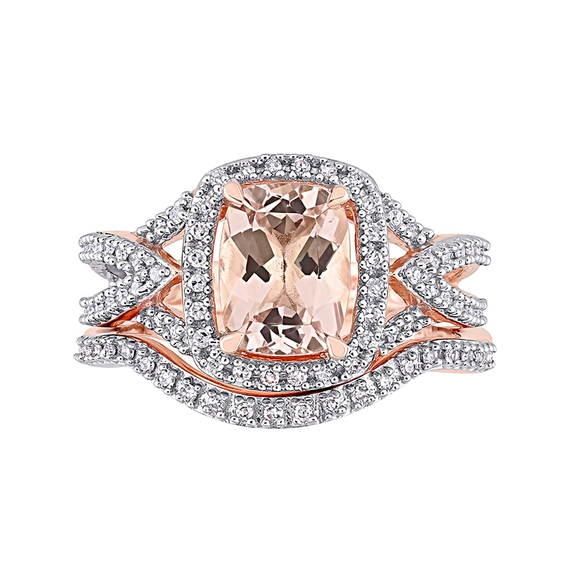 Previously Owned - Cushion-Cut Morganite and 1/4 CT. T.W. Diamond Frame Bridal Set in 10K Rose Gold