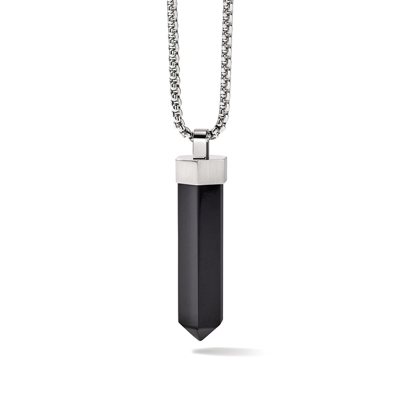 Main Image 1 of Previously Owned - Bulova Jewelry Onyx Obelisk Pendant in Stainless Steel - 28"