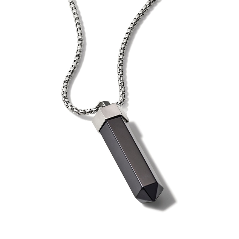 Main Image 2 of Previously Owned - Bulova Jewelry Onyx Obelisk Pendant in Stainless Steel - 28"