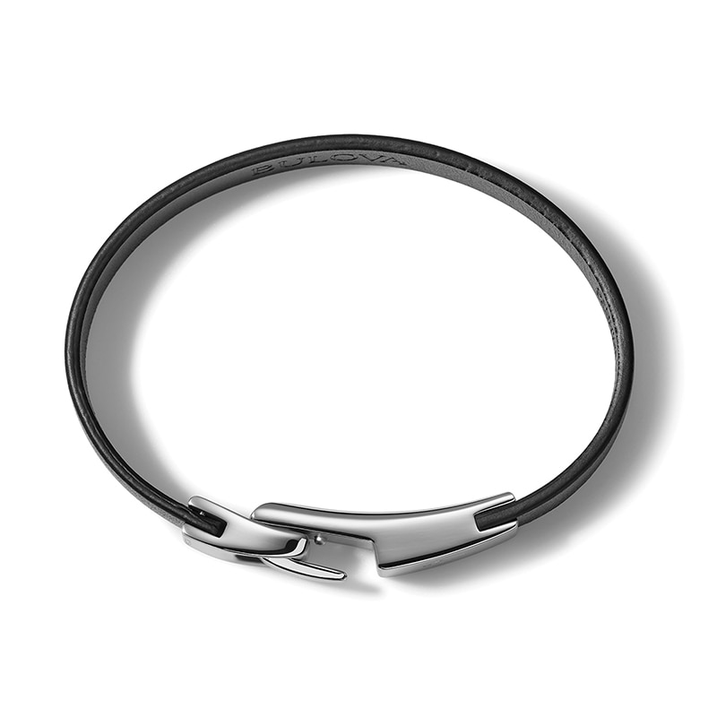 Main Image 2 of Previously Owned - Bulova Jewelry 1.57mm Black Leather Bracelet with Stainless Steel Clasp - 8.5"