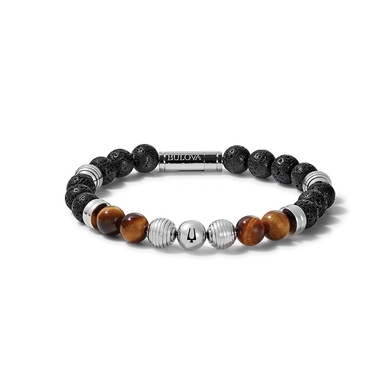 Main Image 1 of Previously Owned - Bulova Jewelry 8.3mm Tiger's Eye, Lava Stone and Stainless Steel Bead Bracelet - 7.75"