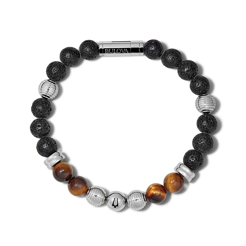 Main Image 2 of Previously Owned - Bulova Jewelry 8.3mm Tiger's Eye, Lava Stone and Stainless Steel Bead Bracelet - 7.75"
