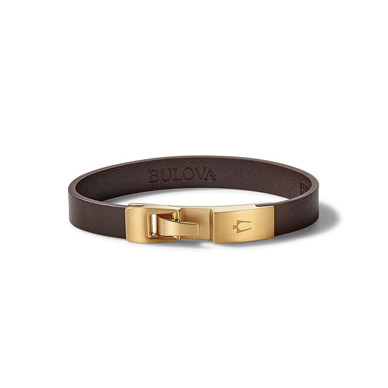 Main Image 1 of Previously Owned - Bulova Jewelry 1.57mm Brown Leather Bracelet with Yellow IP Stainless Steel Clasp - 8.5"