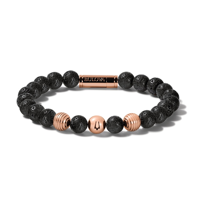 Main Image 1 of Previously Owned - Bulova Jewelry Latin GRAMMY AWARDS® 8.3mm Stainless Steel and Lava Stone Bead Bracelet - 9.0"