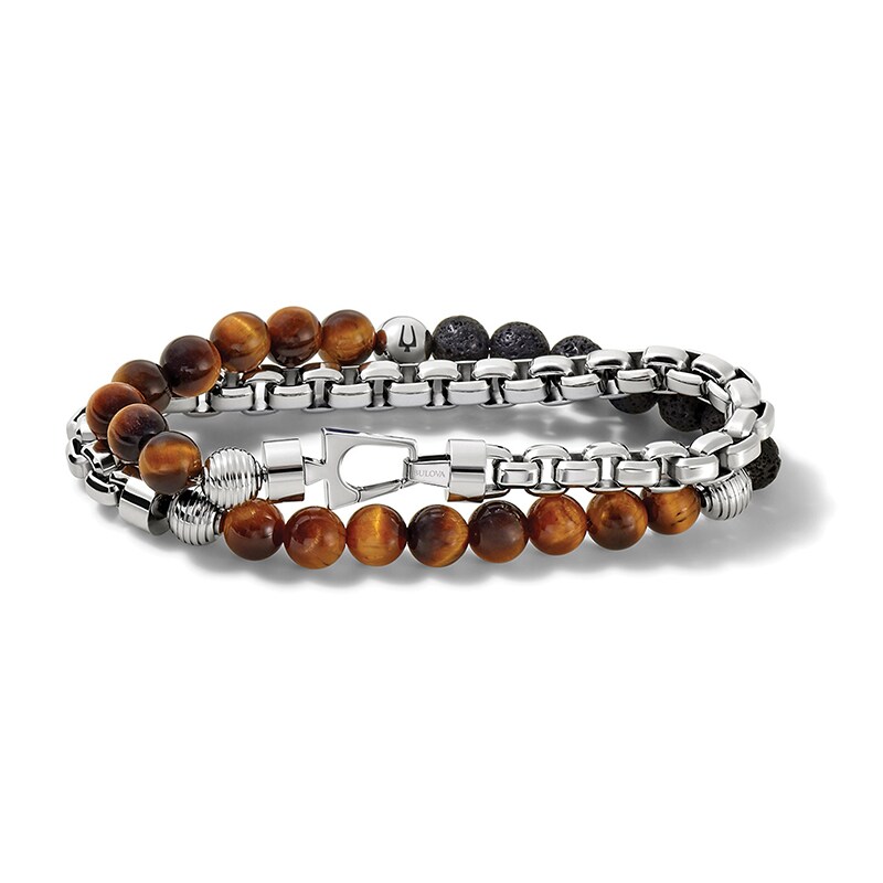 Main Image 1 of Previously Owned - Bulova Jewelry 8.3mm Tiger's Eye and Lava Bead Chain Wrap Bracelet in Stainless Steel - 17"