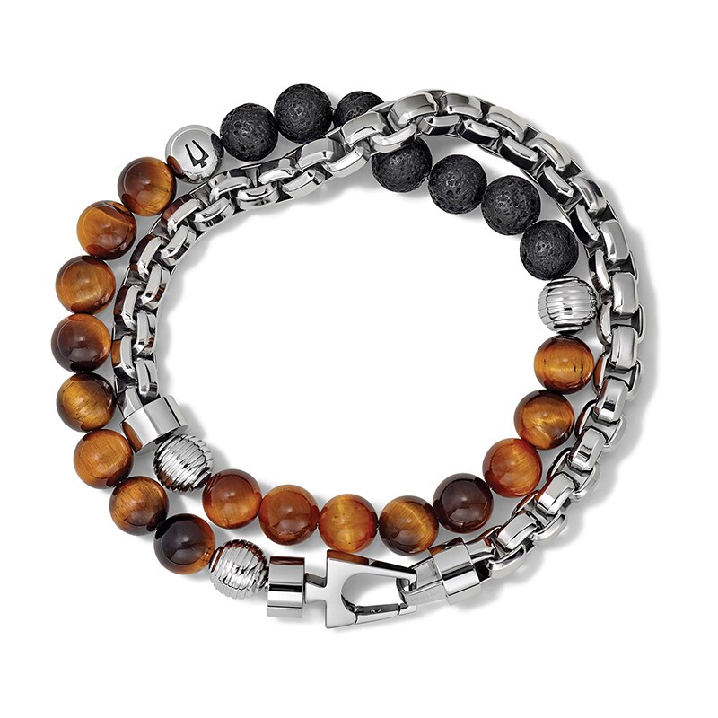Main Image 2 of Previously Owned - Bulova Jewelry 8.3mm Tiger's Eye and Lava Bead Chain Wrap Bracelet in Stainless Steel - 17"