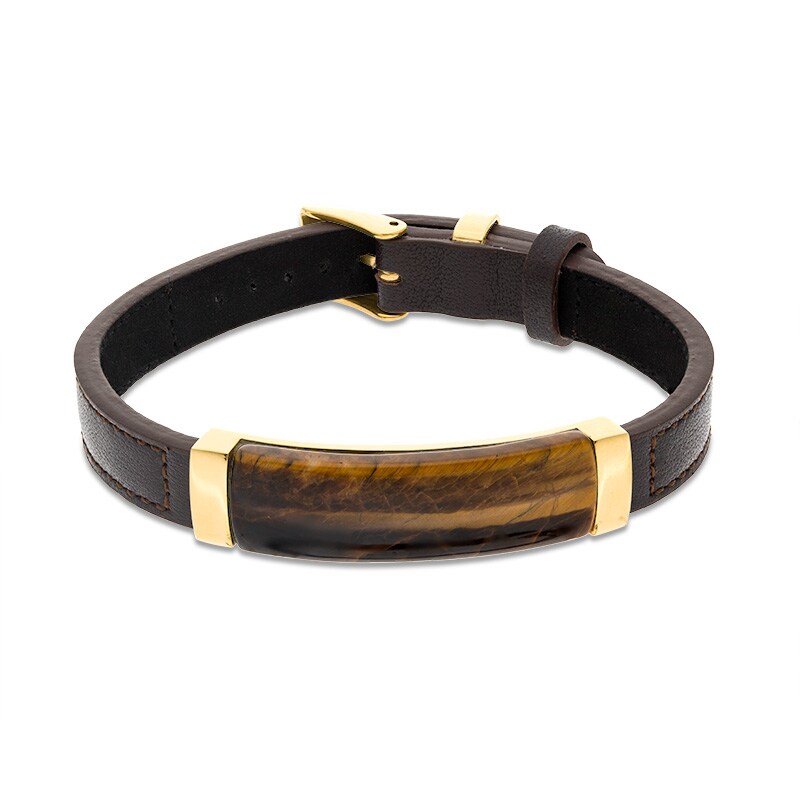 Main Image 1 of Previously Owned - Rectangle Tiger's Eye and Brown Leather Bracelet in Stainless Steel with Yellow IP - 9.5"