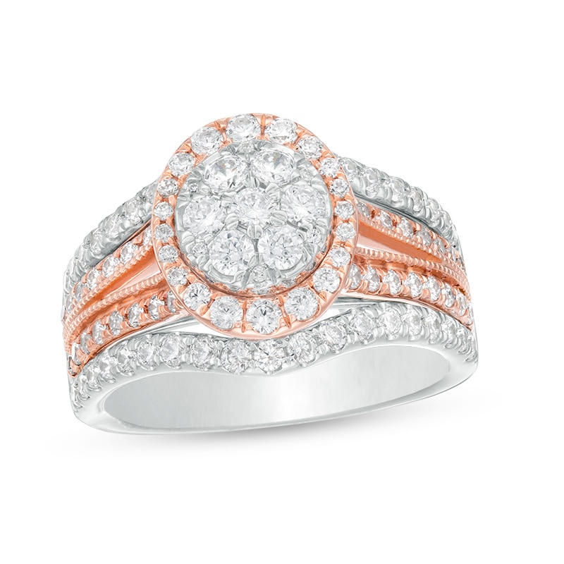 Main Image 1 of Previously Owned - 1-1/2 CT. T.W. Composite Diamond Frame Multi-Row Vintage-Style Engagement Ring in 14K Two-Tone Gold