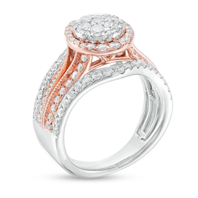 Main Image 3 of Previously Owned - 1-1/2 CT. T.W. Composite Diamond Frame Multi-Row Vintage-Style Engagement Ring in 14K Two-Tone Gold