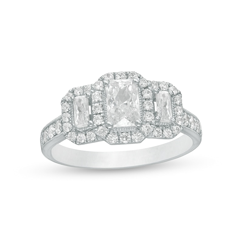 Main Image 1 of Previously Owned - 1-1/2 CT. T.W. Emerald-Cut Diamond Past Present Future® Vintage-Style Ring in 14K White Gold