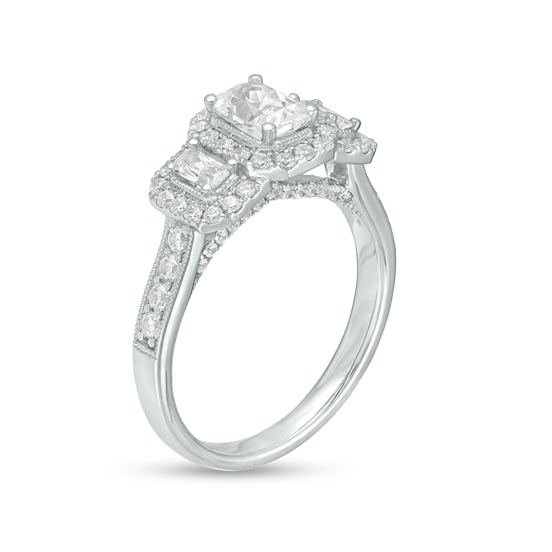 Main Image 3 of Previously Owned - 1-1/2 CT. T.W. Emerald-Cut Diamond Past Present Future® Vintage-Style Ring in 14K White Gold