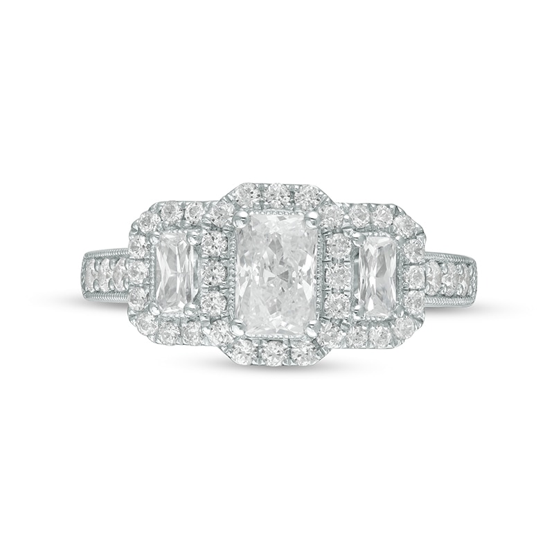 Main Image 4 of Previously Owned - 1-1/2 CT. T.W. Emerald-Cut Diamond Past Present Future® Vintage-Style Ring in 14K White Gold