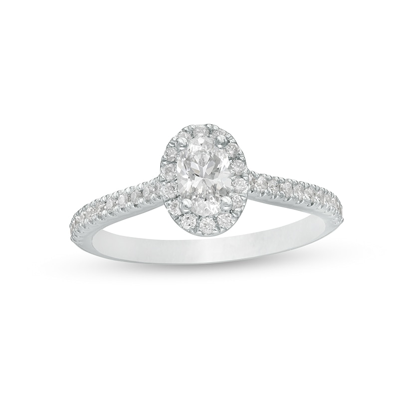 Main Image 1 of Previously Owned - 3/4 CT. T.W. Oval Diamond Frame Engagement Ring in 14K White Gold