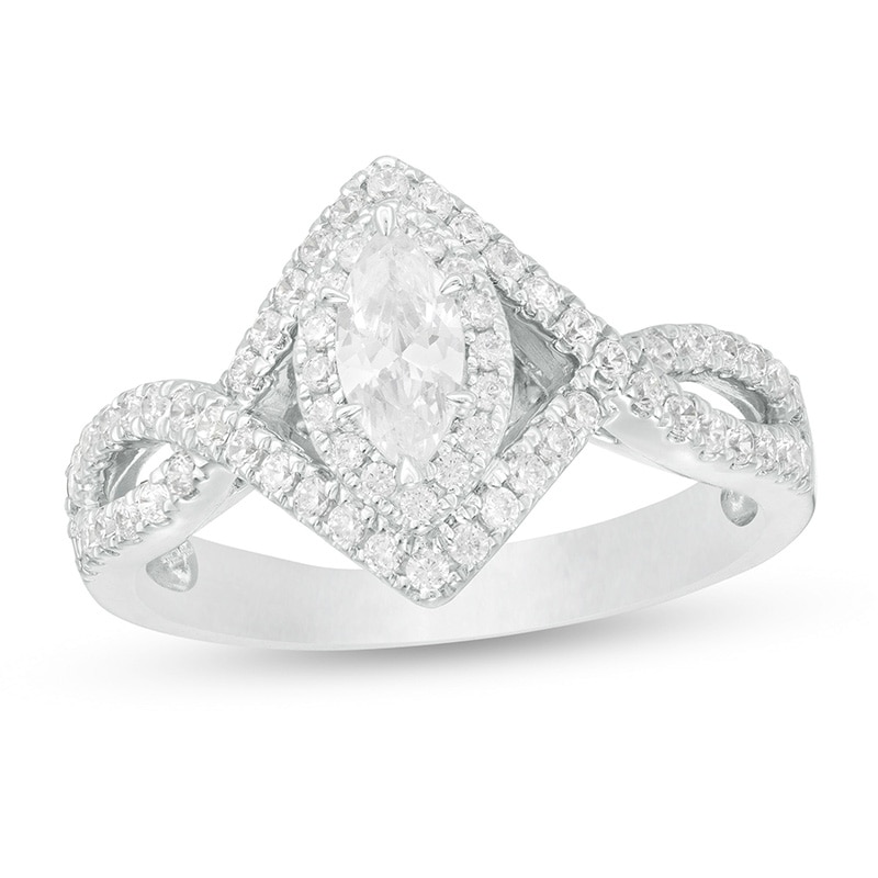 Main Image 1 of Previously Owned - 3/4 CT. T.W. Marquise Diamond Frame Twist Shank Engagement Ring in 14K White Gold