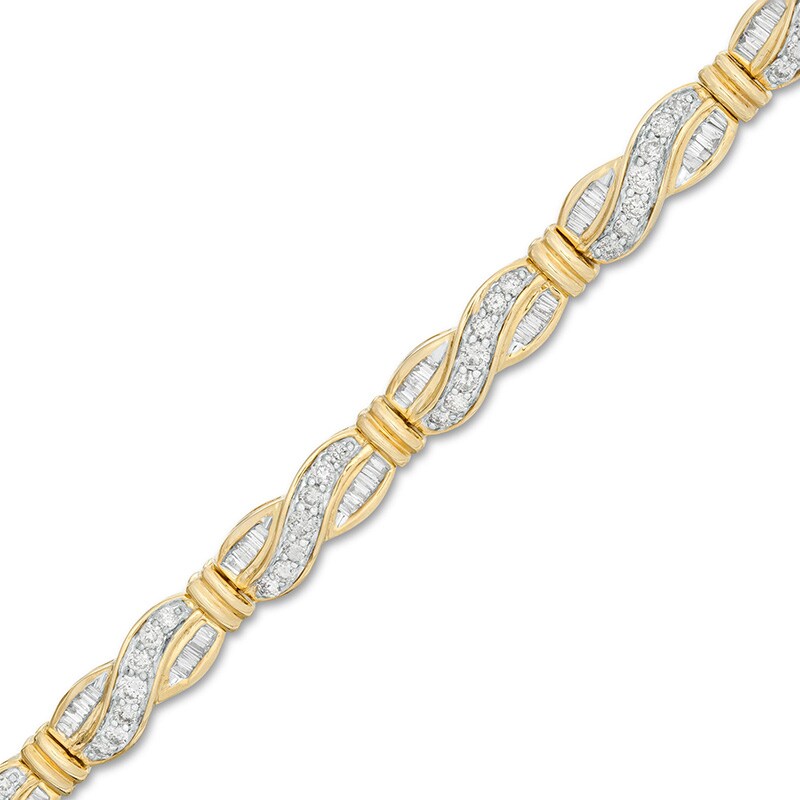 Main Image 1 of Previously Owned - 2 CT. T.W. Baguette and Round Diamond Crossover Link Bracelet in 10K Gold - 7.5&quot;