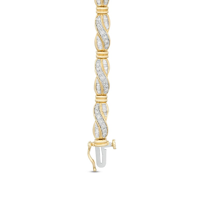 Main Image 2 of Previously Owned - 2 CT. T.W. Baguette and Round Diamond Crossover Link Bracelet in 10K Gold - 7.5&quot;