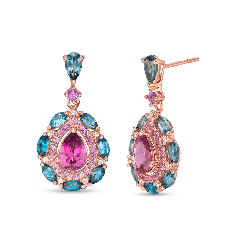 Main Image 1 of Previously Owned - Rhodolite Garnet, Blue Topaz, Amethyst and 1/20 CT. T.W. Diamond Drop Earrings in 14K Rose Gold