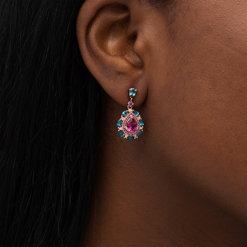 Main Image 2 of Previously Owned - Rhodolite Garnet, Blue Topaz, Amethyst and 1/20 CT. T.W. Diamond Drop Earrings in 14K Rose Gold