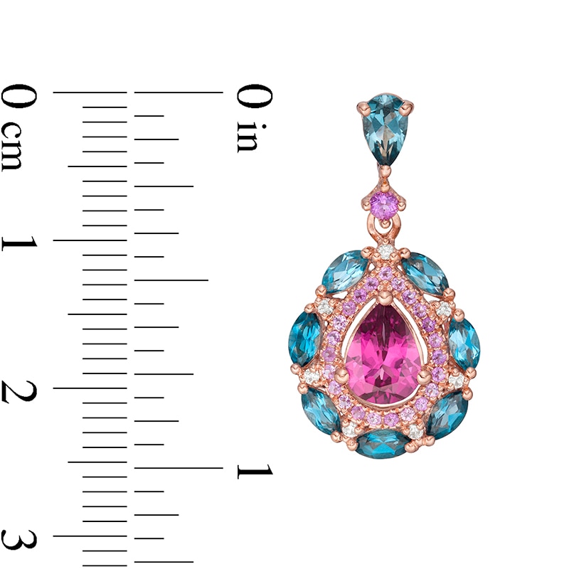 Main Image 3 of Previously Owned - Rhodolite Garnet, Blue Topaz, Amethyst and 1/20 CT. T.W. Diamond Drop Earrings in 14K Rose Gold