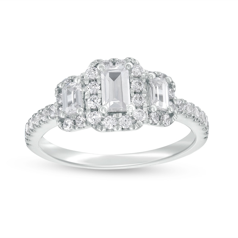 Main Image 1 of Previously Owned - 1 CT. T.W. Emerald-Cut Diamond Frame Past Present Future® Engagement Ring in 14K White Gold