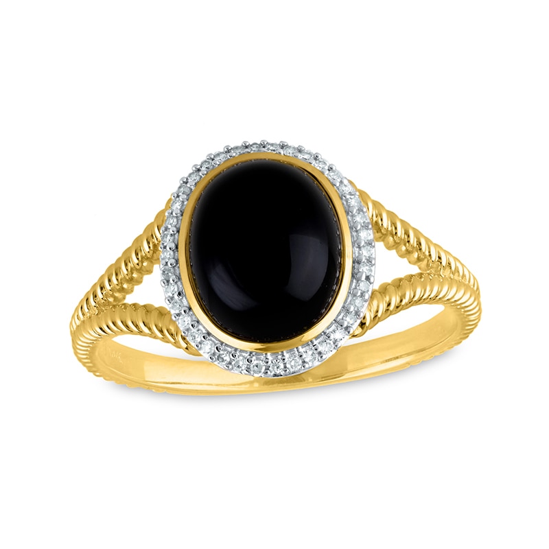 Main Image 1 of Previously Owned - Oval Onyx and 1/10 CT. T.W. Diamond Frame Rope-Textured Split Shank Ring in 14K Gold