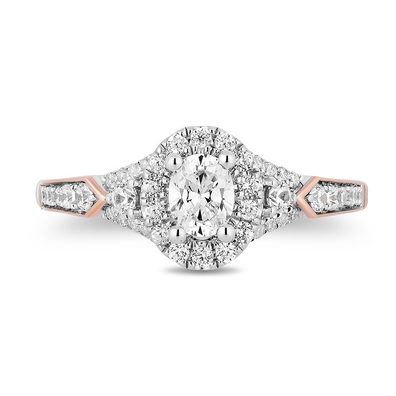 Main Image 4 of Previously Owned - Enchanted Disney Aurora 7/8 CT. T.W. Oval Diamond Frame Engagement Ring in 14K Two-Tone Gold