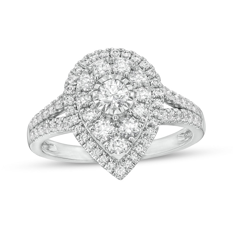 Main Image 1 of Previously Owned - 1 CT. T.W. Diamond Double Teardrop-Shaped Frame Vintage-Style Engagement Ring in 10K White Gold
