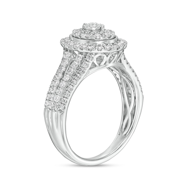 Previously Owned - 1 CT. T.W. Diamond Double Oval Frame Vintage-Style Split Shank Engagement Ring in 10K White Gold