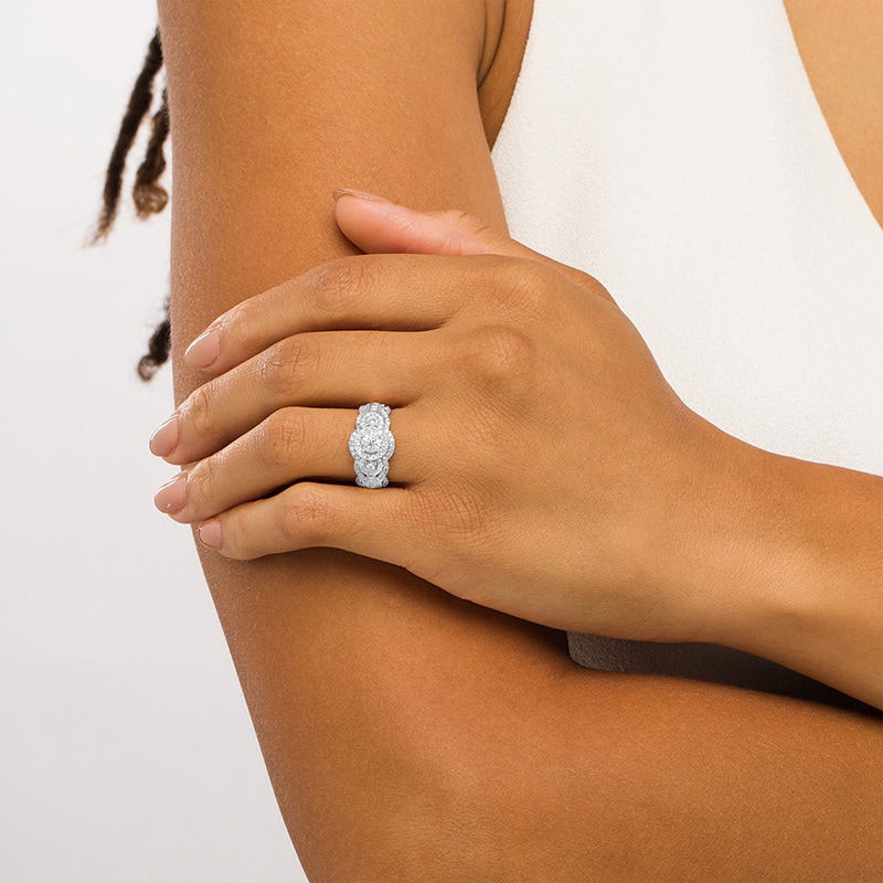 Main Image 2 of Previously Owned - 1 CT. T.W. Diamond Past Present Future® Scallop Vintage-Style Engagement Ring in 10K White Gold