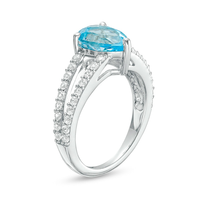 Main Image 3 of Previously Owned - Pear-Shaped Swiss Blue Topaz and White Lab-Created Sapphire Split Shank Ring in Sterling Silver