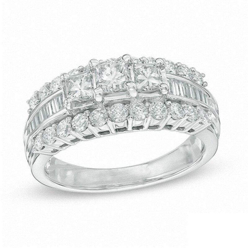 Main Image 1 of Previously Owned - 1-1/2 CT. T.W. Princess-Cut Diamond Three Stone Engagement Ring in 14K White Gold