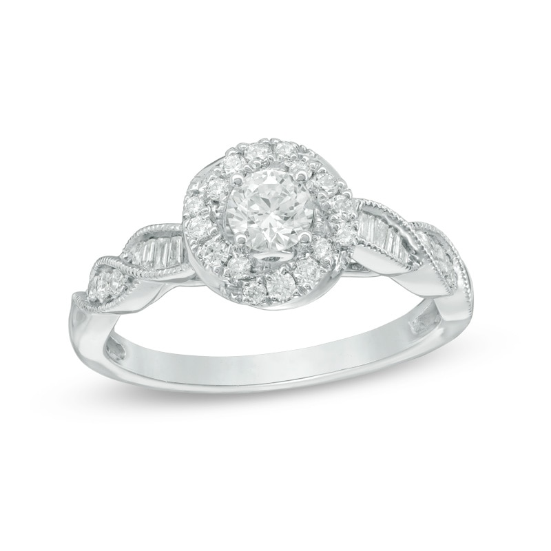 Main Image 1 of Previously Owned - 5/8 CT. T.W. Diamond Orbit Frame Twist Vintage-Style Engagement Ring in 14K White Gold - Size 7