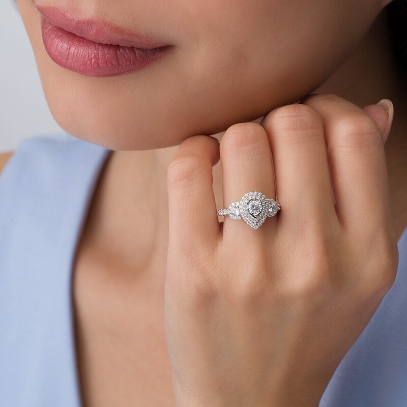 Main Image 3 of Previously Owned - 1 CT. T.W. Diamond Past Present Future® Pear-Shaped Frame Engagement Ring in 14K White Gold