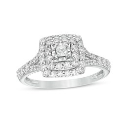 Previously Owned - 1/2 CT. T.W. Princess-Cut Diamond Double Frame Split Shank Engagement Ring in 10K White Gold