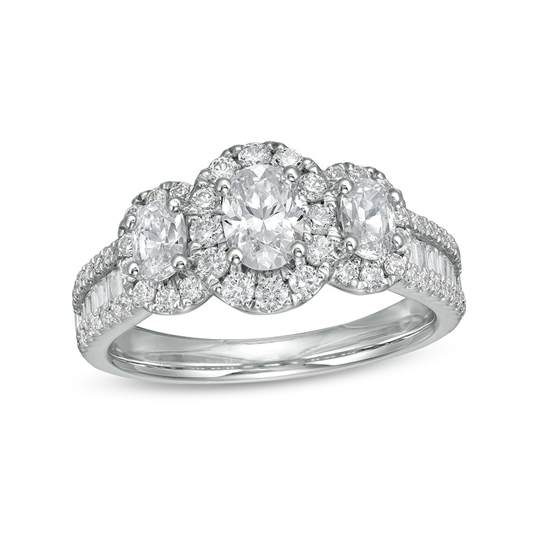 Main Image 1 of Previously Owned - 1-1/2 CT. T.W. Oval Diamond Frame Past Present Future® Engagement Ring in 14K White Gold
