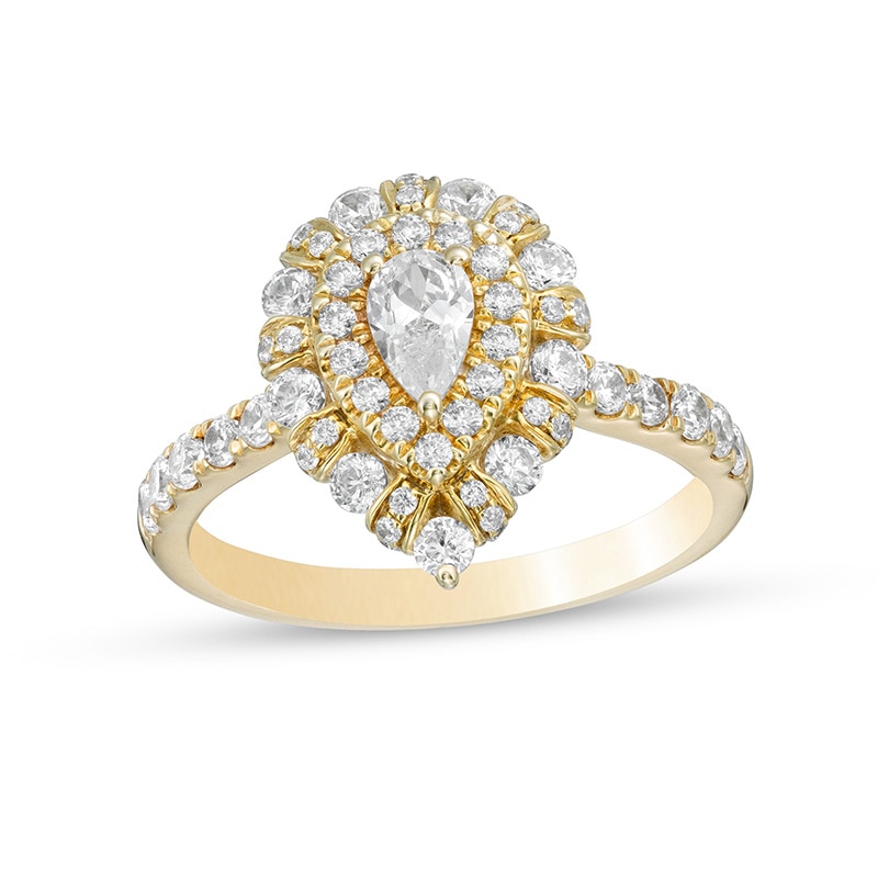 Main Image 1 of Previously Owned - 1 CT. T.W. Pear-Shaped Diamond Double Frame Engagement Ring in 14K Gold (I/SI2)