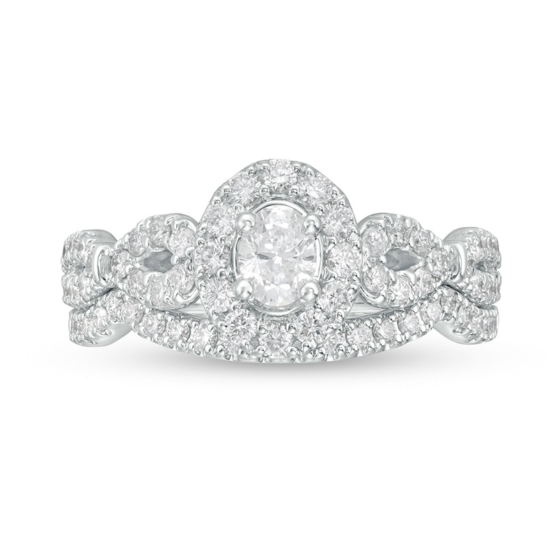 Main Image 4 of Previously Owned - 1 CT. T.W. Oval Diamond Frame Collar Bridal Set in 14K White Gold (I/I2)