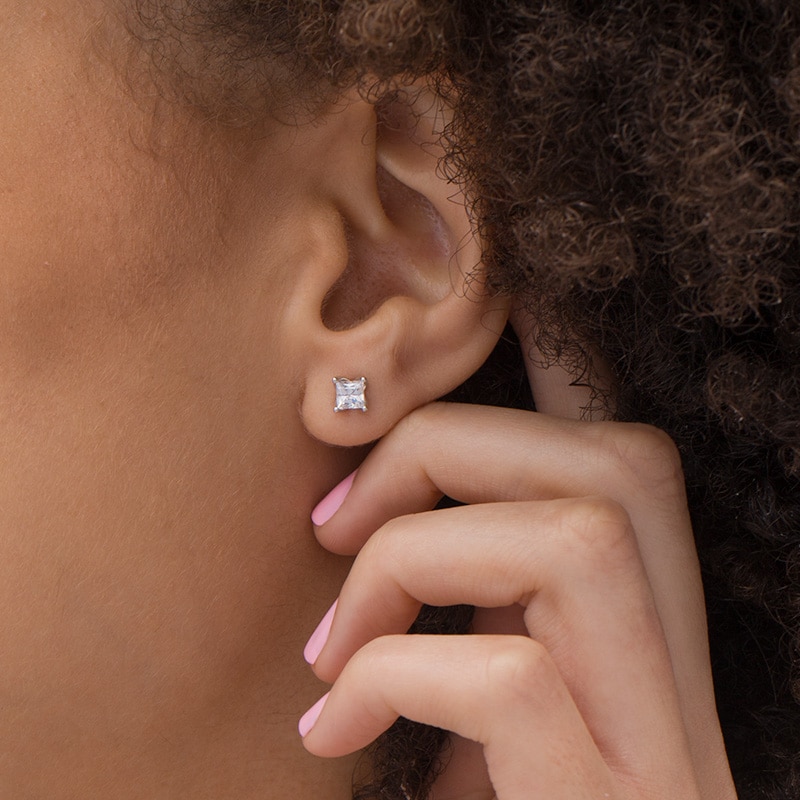 Main Image 2 of Previously Owned Love's Destiny by Peoples 1 CT. T.W. Princess-Cut Diamond Solitaire Stud Earrings in 14K White Gold